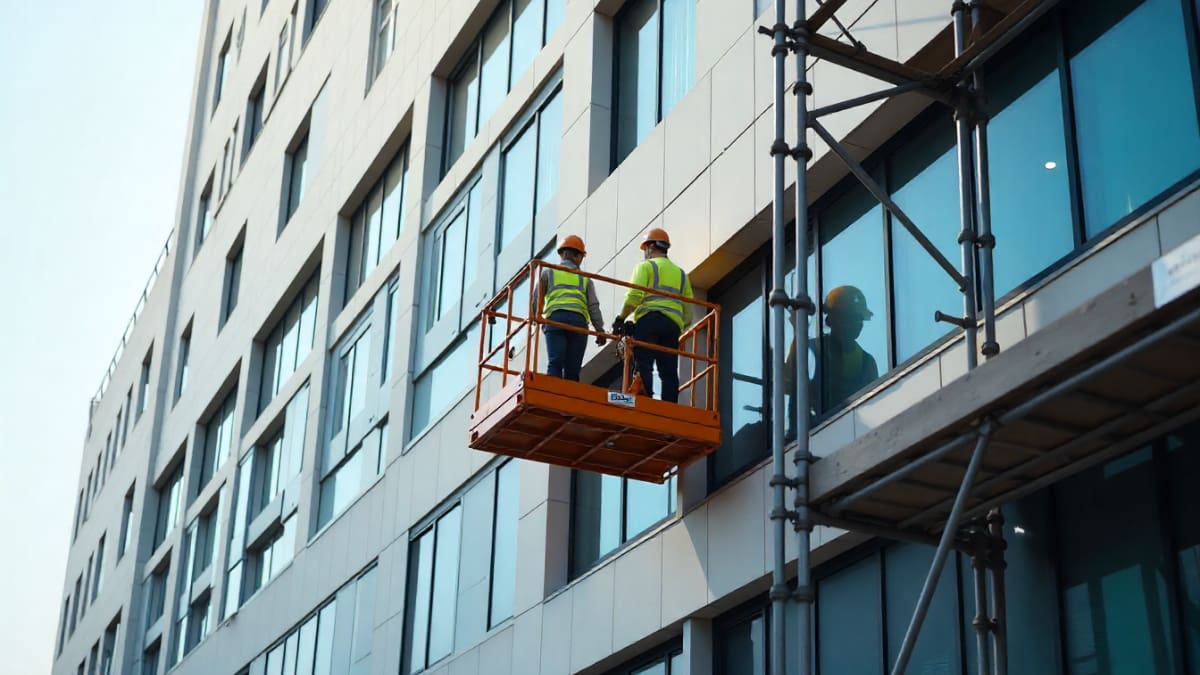 بالابر نما کلایمر برقی با دو کارگر روی ساختمان بلند برای نماکاری