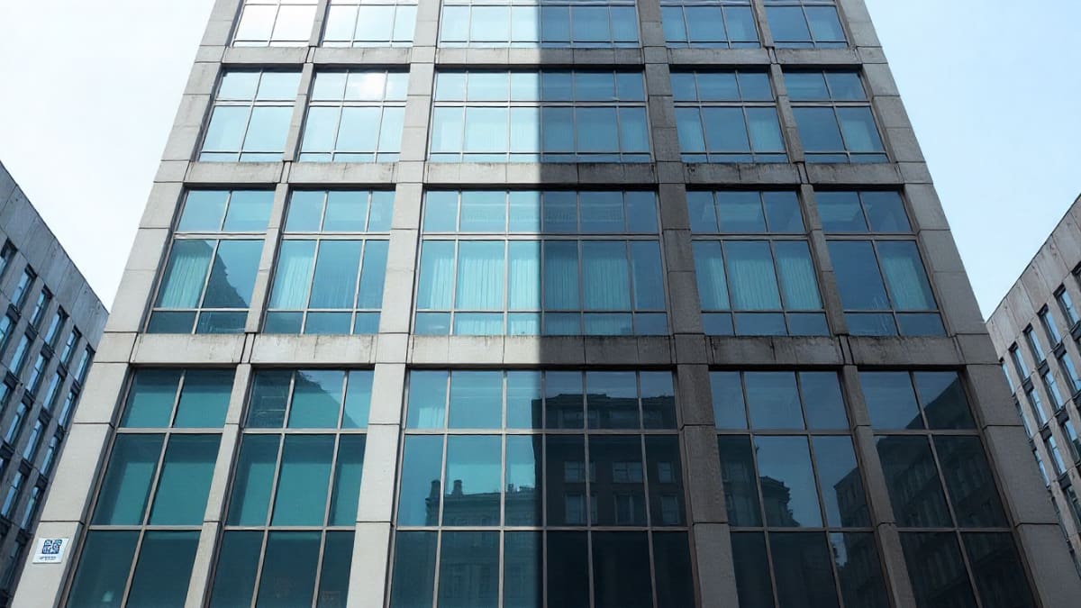 نمای ساختمان بلند قبل و بعد از شستشو با واترجت: مقایسه نیمه تمیز و نیمه کثیف برای اثبات اهمیت نماشویی ساختمان