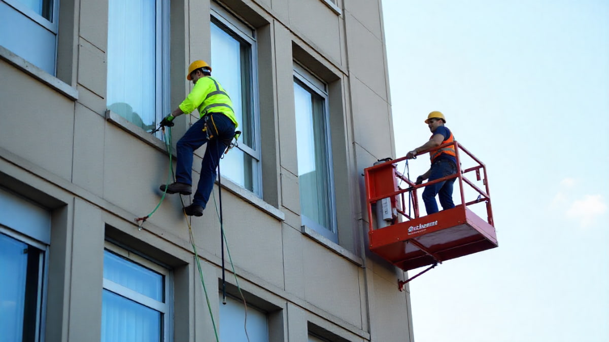 روش های دسترسی به نمای ساختمان: کارگر در حال شستشوی نما با راپل (طناب) و کارگر دیگر بر روی کلایمر (پلتفرم بالابر) برای تامین امنیت و دسترسی در ارتفاع