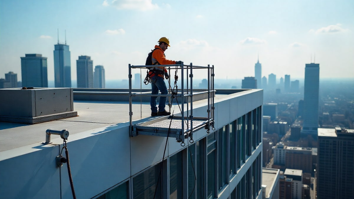 کارگر با کلاه ایمنی بر روی سکوی بالابر نما (کلایمر) در لبه بام ساختمان بلندمرتبه با نمای شهری