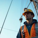 تکنسین تعمیر کلایمر با کلاه ایمنی و جلیقه شبرنگ در حال نظارت بر سازه مهار و کابل های پلتفرم معلق.