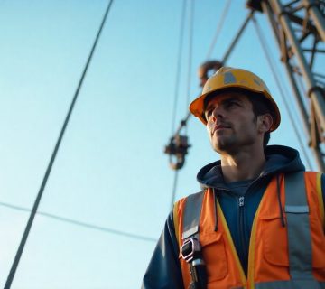 تکنسین تعمیر کلایمر با کلاه ایمنی و جلیقه شبرنگ در حال نظارت بر سازه مهار و کابل های پلتفرم معلق.