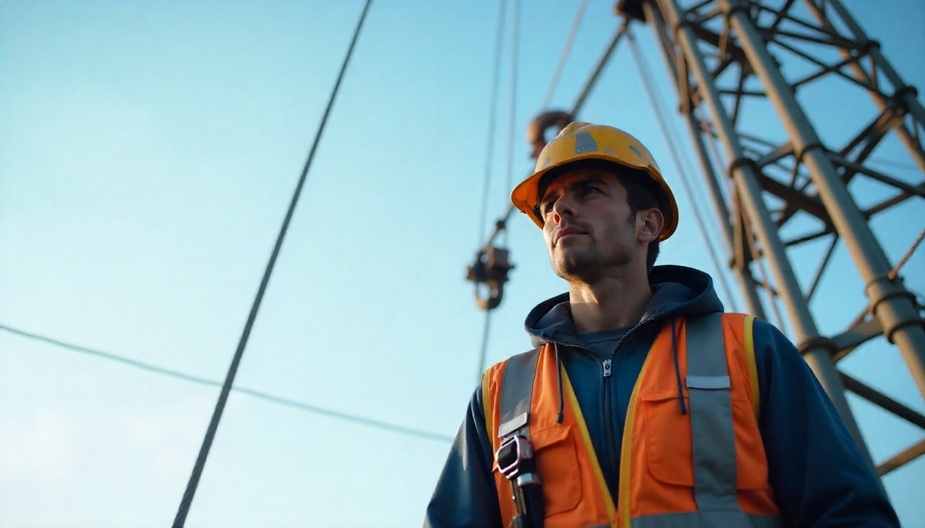 تکنسین تعمیر کلایمر با کلاه ایمنی و جلیقه شبرنگ در حال نظارت بر سازه مهار و کابل های پلتفرم معلق.