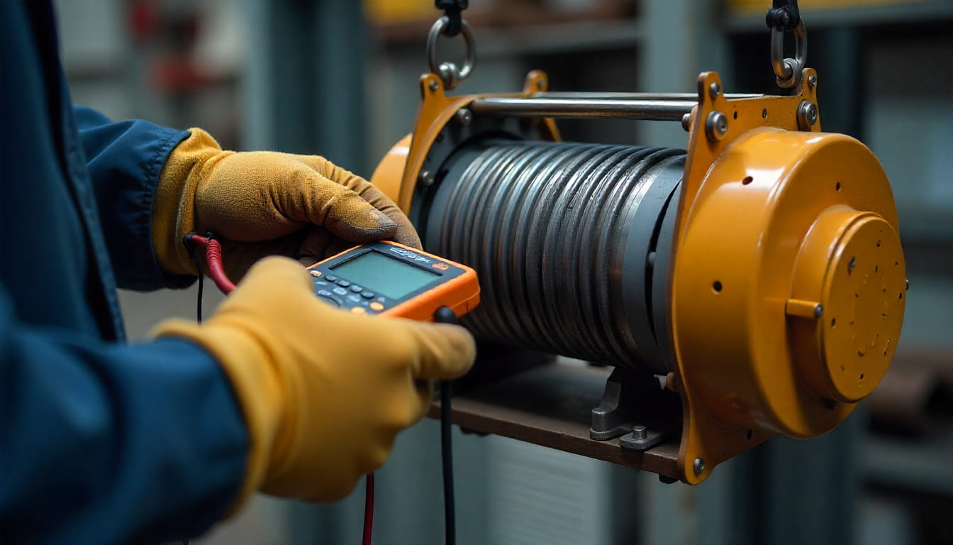 نمای نزدیک از دست های تکنسین در حال تست و عیب یابی الکتریکی موتور وینچ کلایمر با استفاده از مولتی متر.