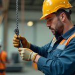 مرد تکنسین با کلاه ایمنی و دستکش، در حال بازرسی و بررسی دقیق سیم بکسل کلایمر در محیط کارگاهی.