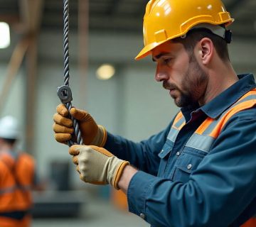 مرد تکنسین با کلاه ایمنی و دستکش، در حال بازرسی و بررسی دقیق سیم بکسل کلایمر در محیط کارگاهی.