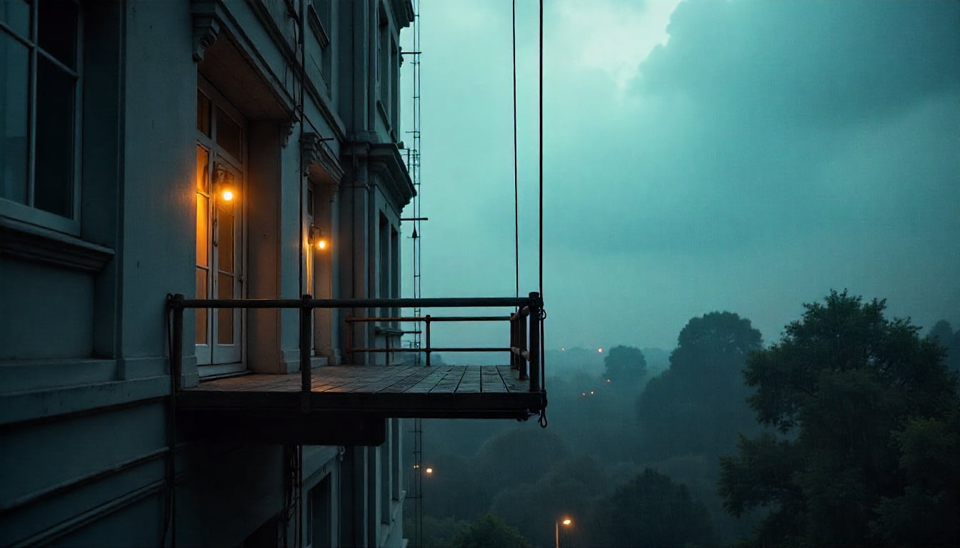 سکوی خالی کلایمر که در نزدیکی نمای ساختمان در هوای ابری و مه آلود یا شب مستقر شده است.